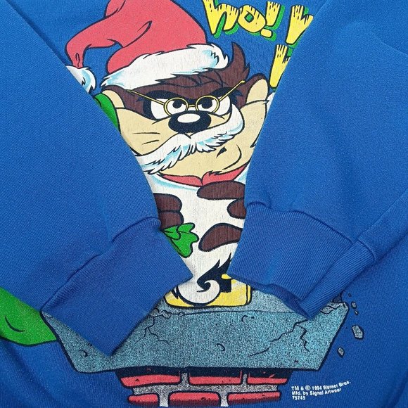 Vintage Looney Tunes Christmas Taz Santa Ho Ho Ho L Sweatshirt Blue Tultex USA - Picture 6 of 16